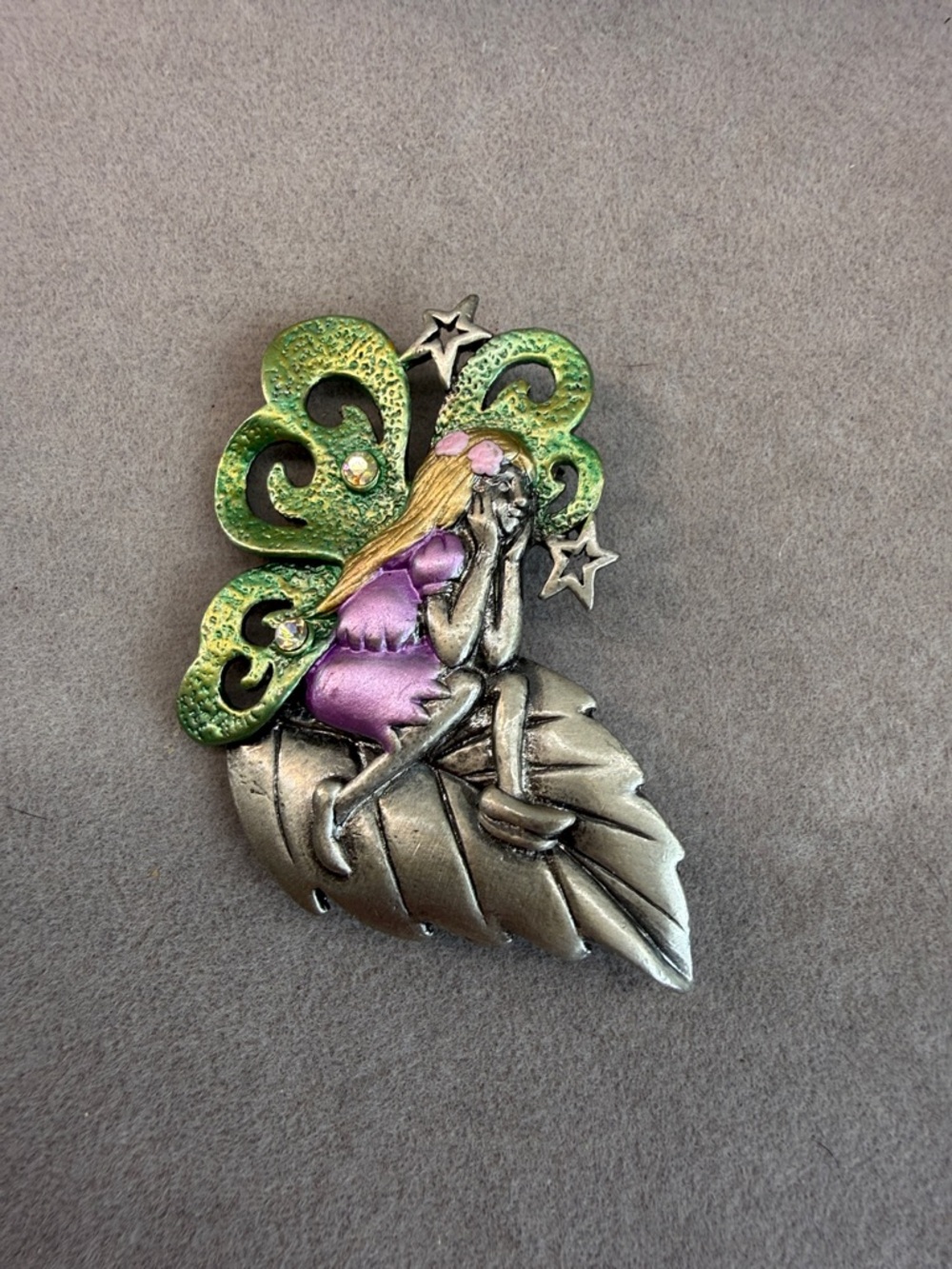DD Vintage Enamel Fairy Pin with Green Wings and Purple Dress